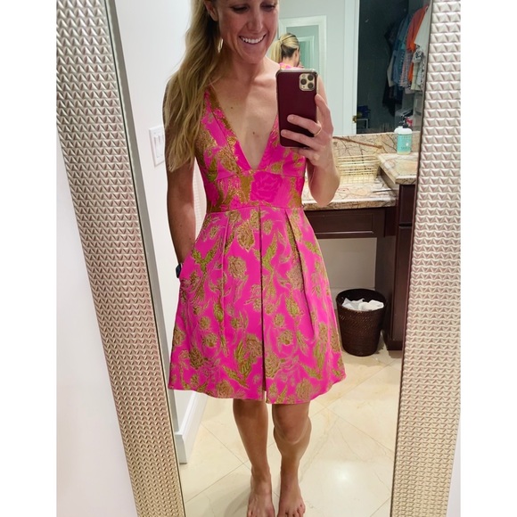 Marchesa Notte V Neck Metallic Floral Dress sz 2 - Picture 11 of 15